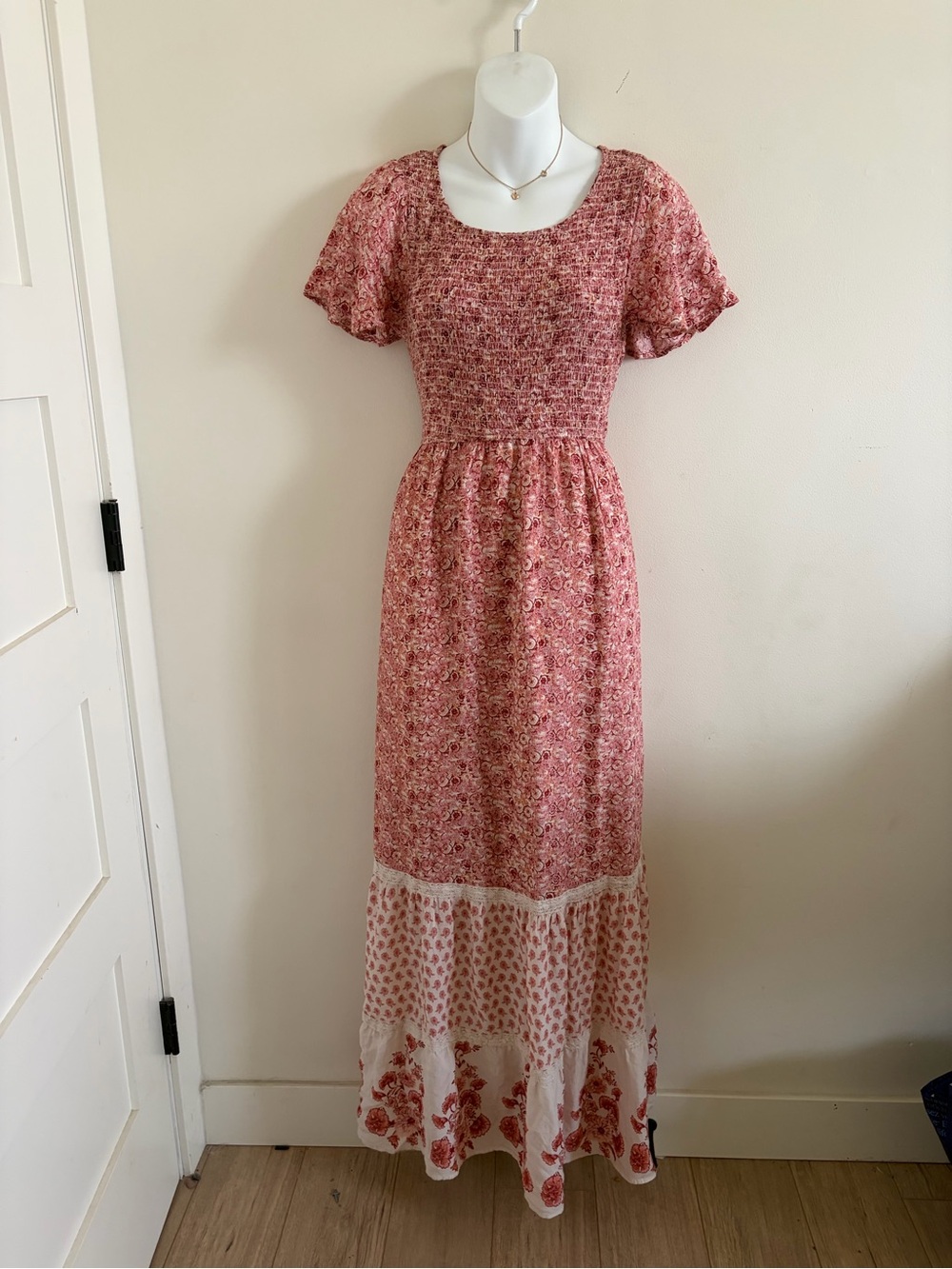 Pink Floral Maxi Dress with Smocked Bodice and Tiered Hem